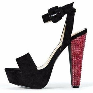 Colin Stewart Black Suede Red Jeweled Gem Studded Strappy Open Toe Heels